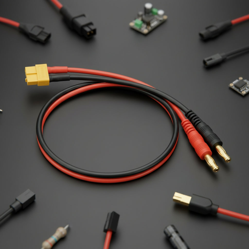 Black and red cable with banana plugs on a white background