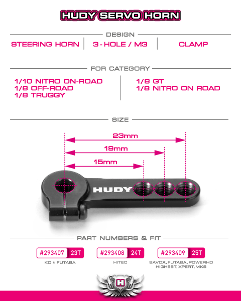 HUDY: ALU CLAMP SERVO HORN - KO PROPO, SANWA - 3-HOLE M3 - 23T